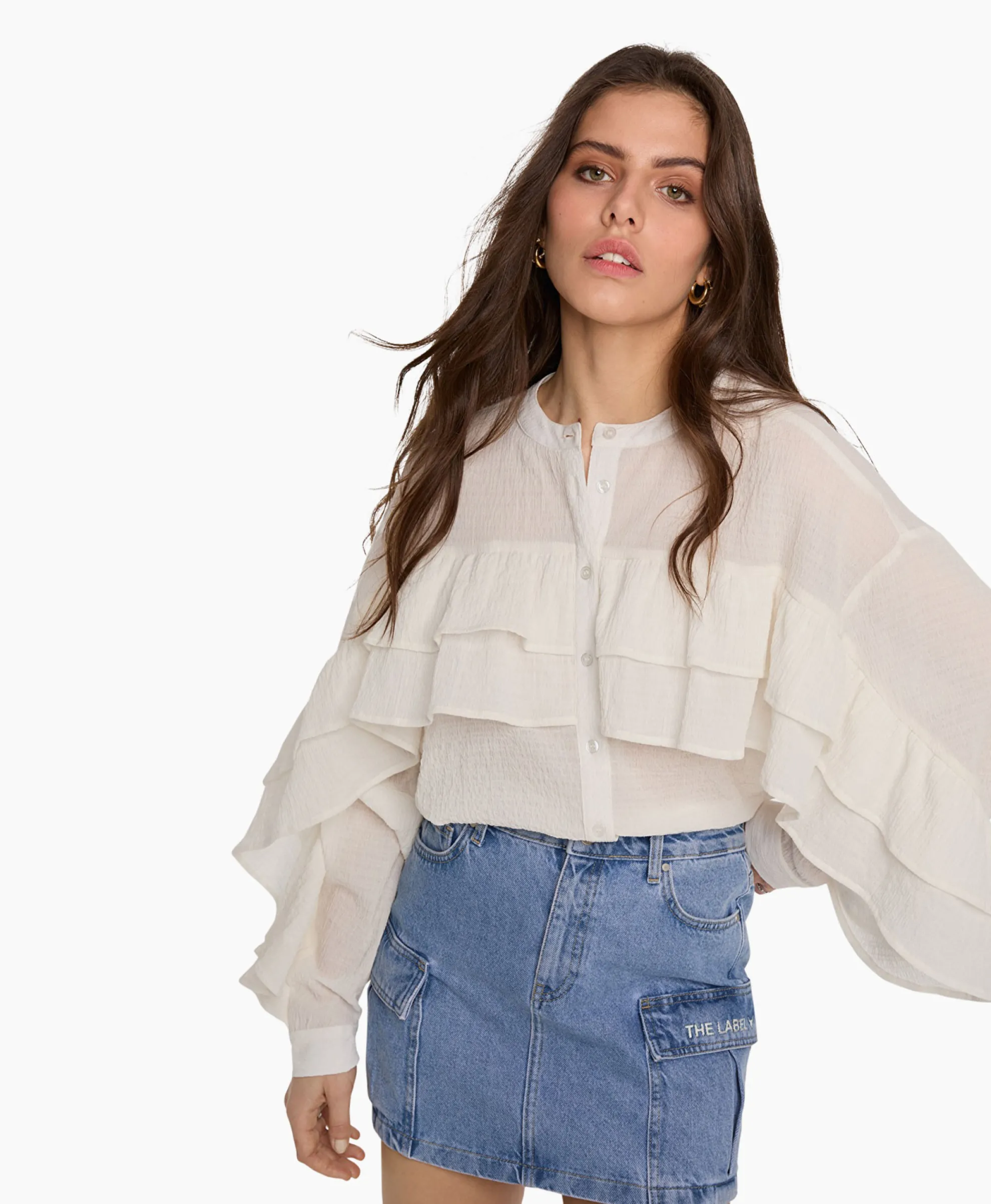 Alix The Label Blouse Woven Structured Chiffon Ruffle Ecru