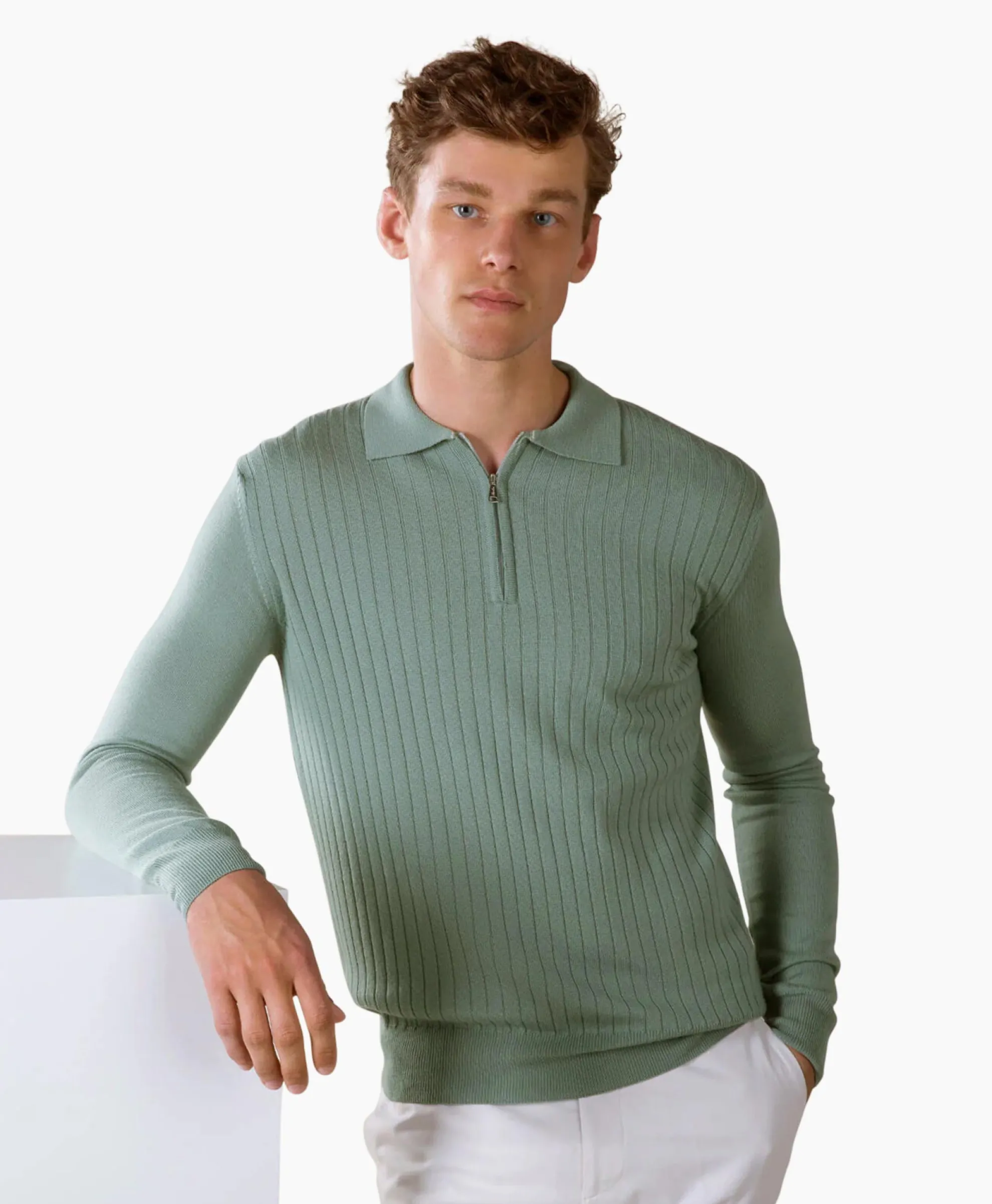Aurelien Aurelien Pullover Rib Zip Polos Ls Licht Groen