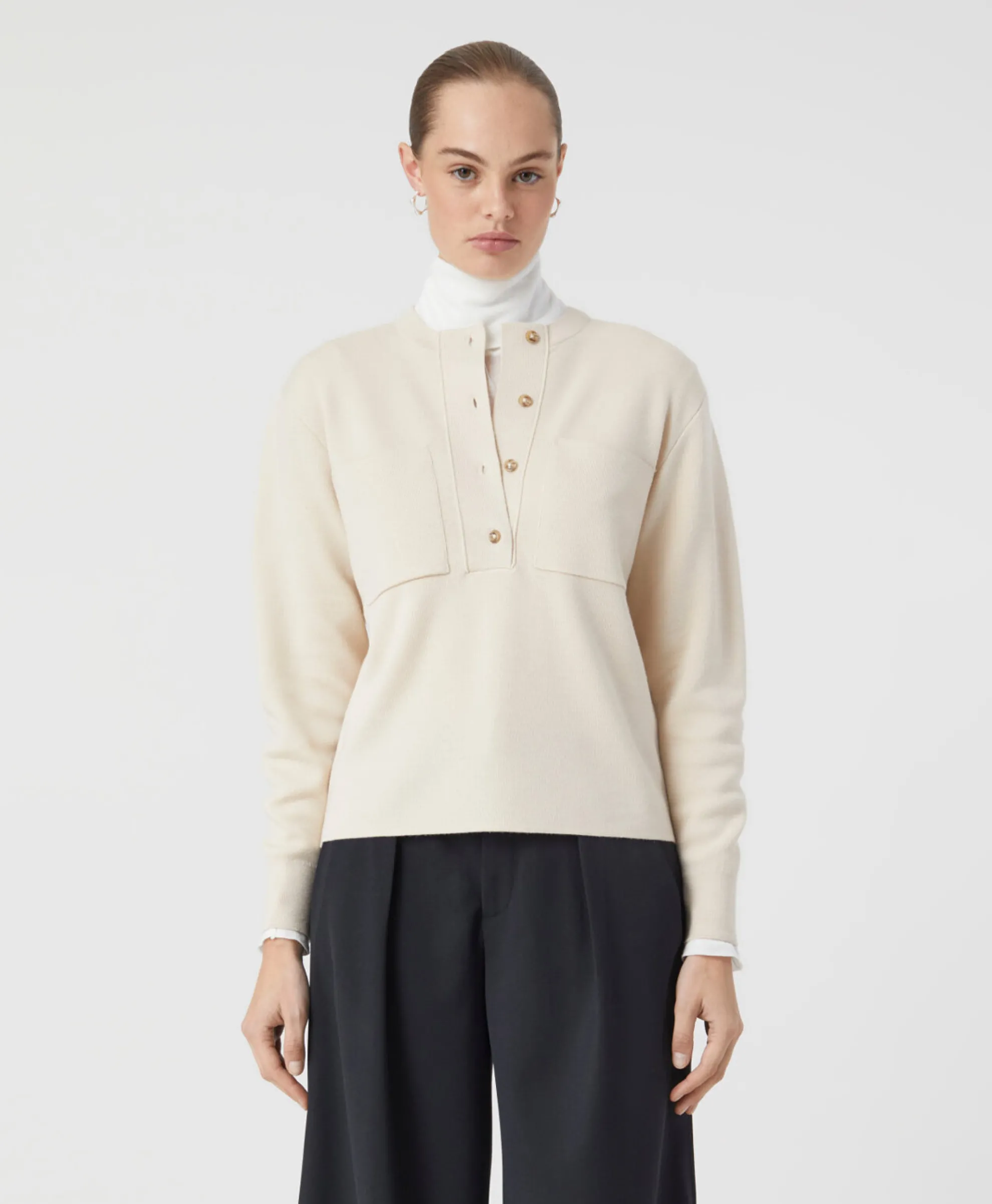 Closed Pullover Crew Neck Henley Beige