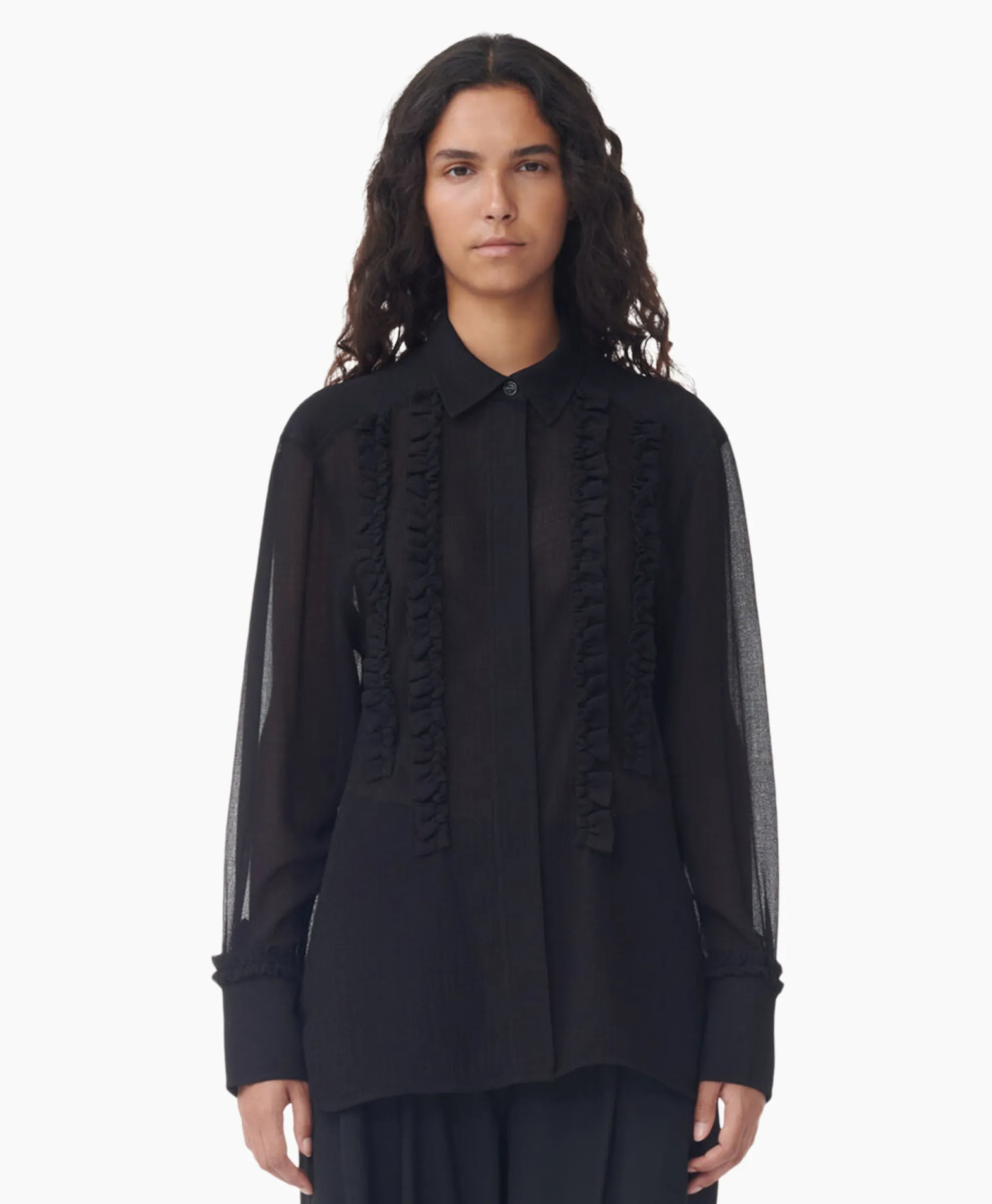 Ganni Blouse Chiffon Ruffle Zwart