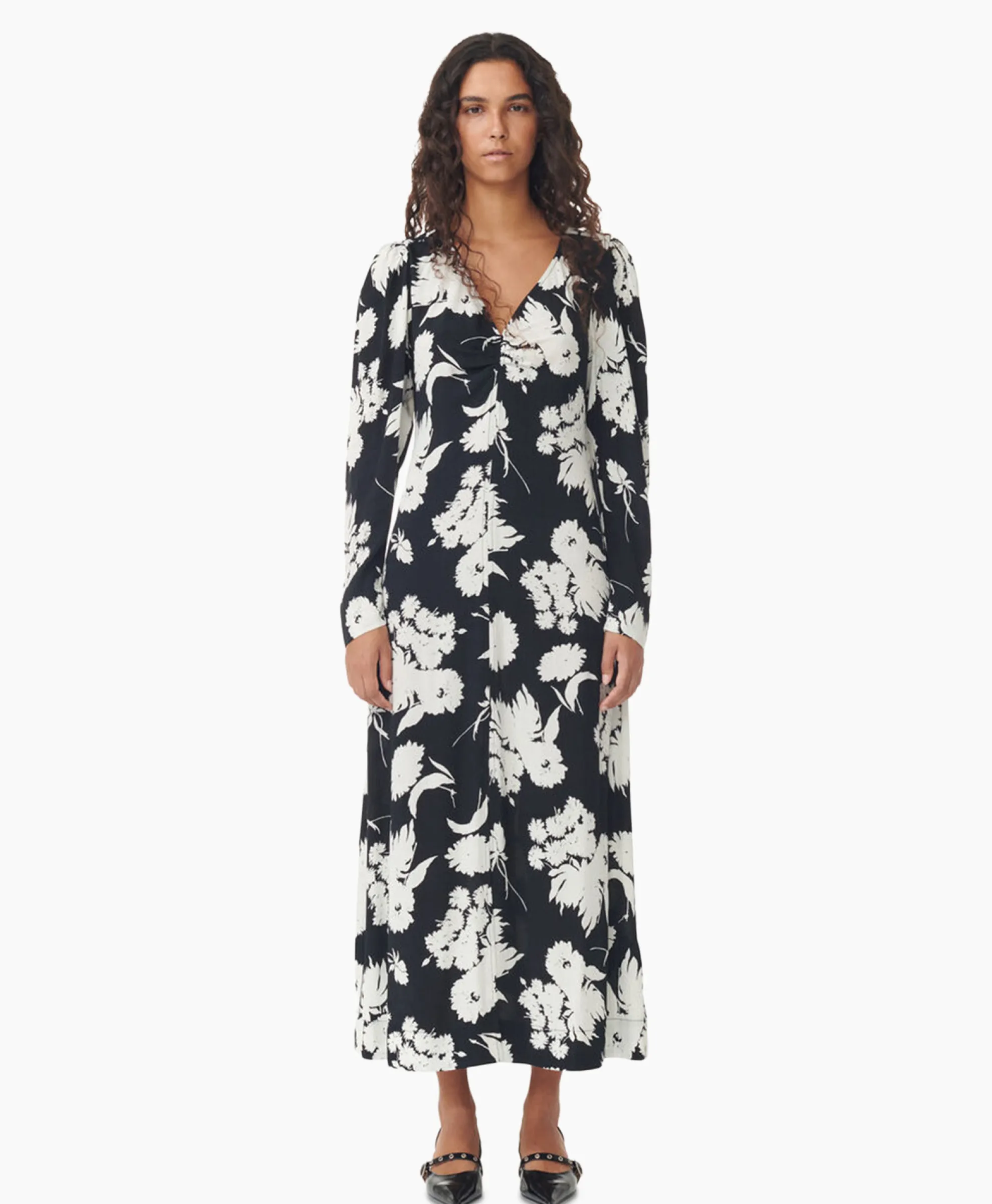 Ganni Maxi Jurk Printed Crepe V-Neck Zwart