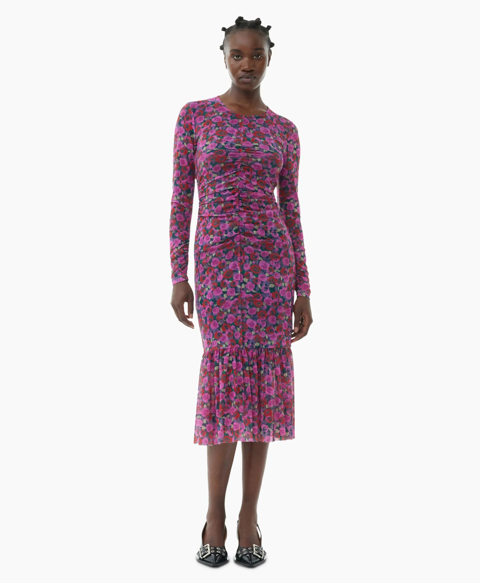 Ganni Midi Jurk Printed Mesh Long Sleeve Gathered Roze