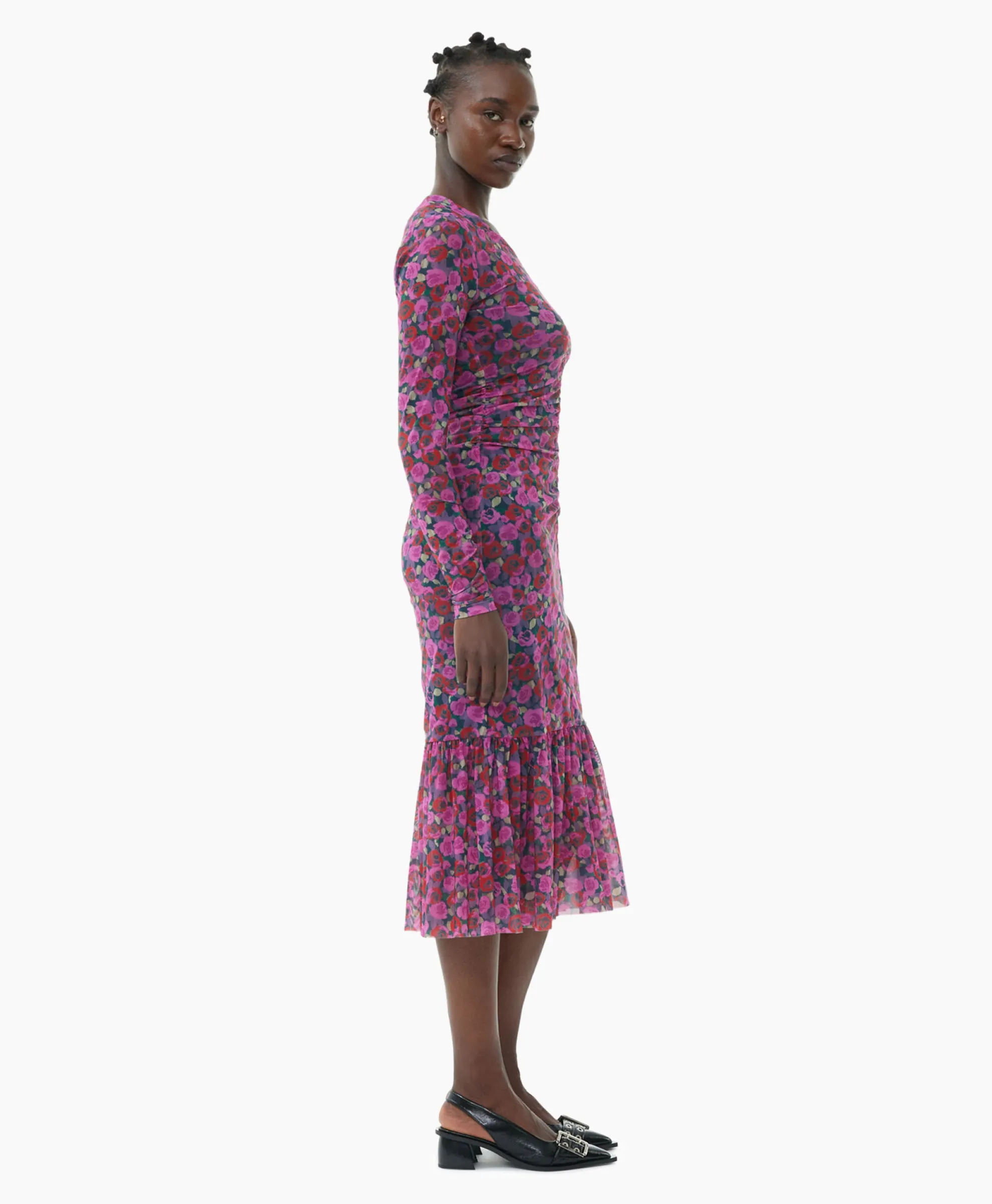 Ganni Midi Jurk Printed Mesh Long Sleeve Gathered Roze