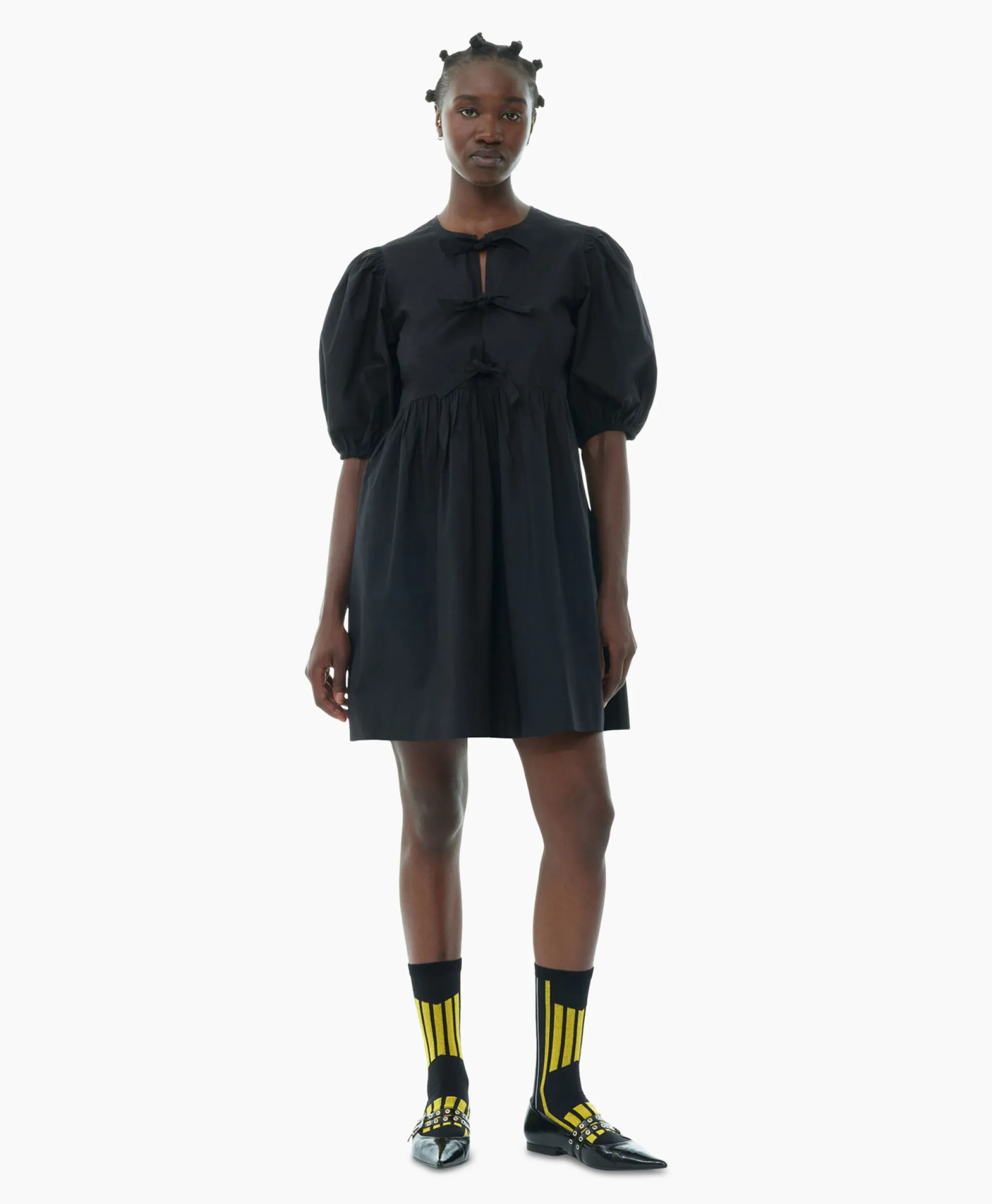 Ganni Mini Jurk Cotton Poplin Tie String Zwart