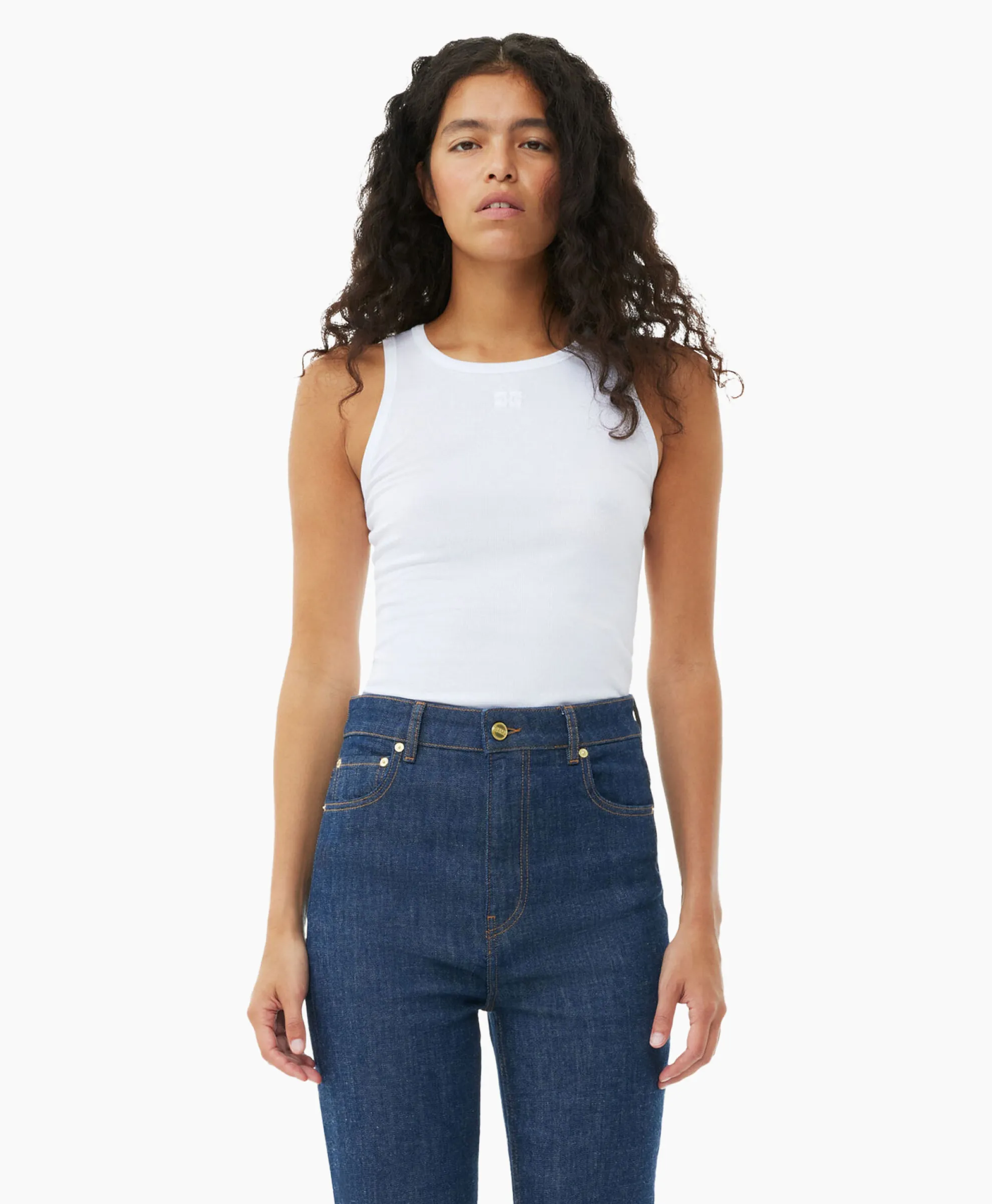 Ganni Top Soft Cotton Rib Tank Wit