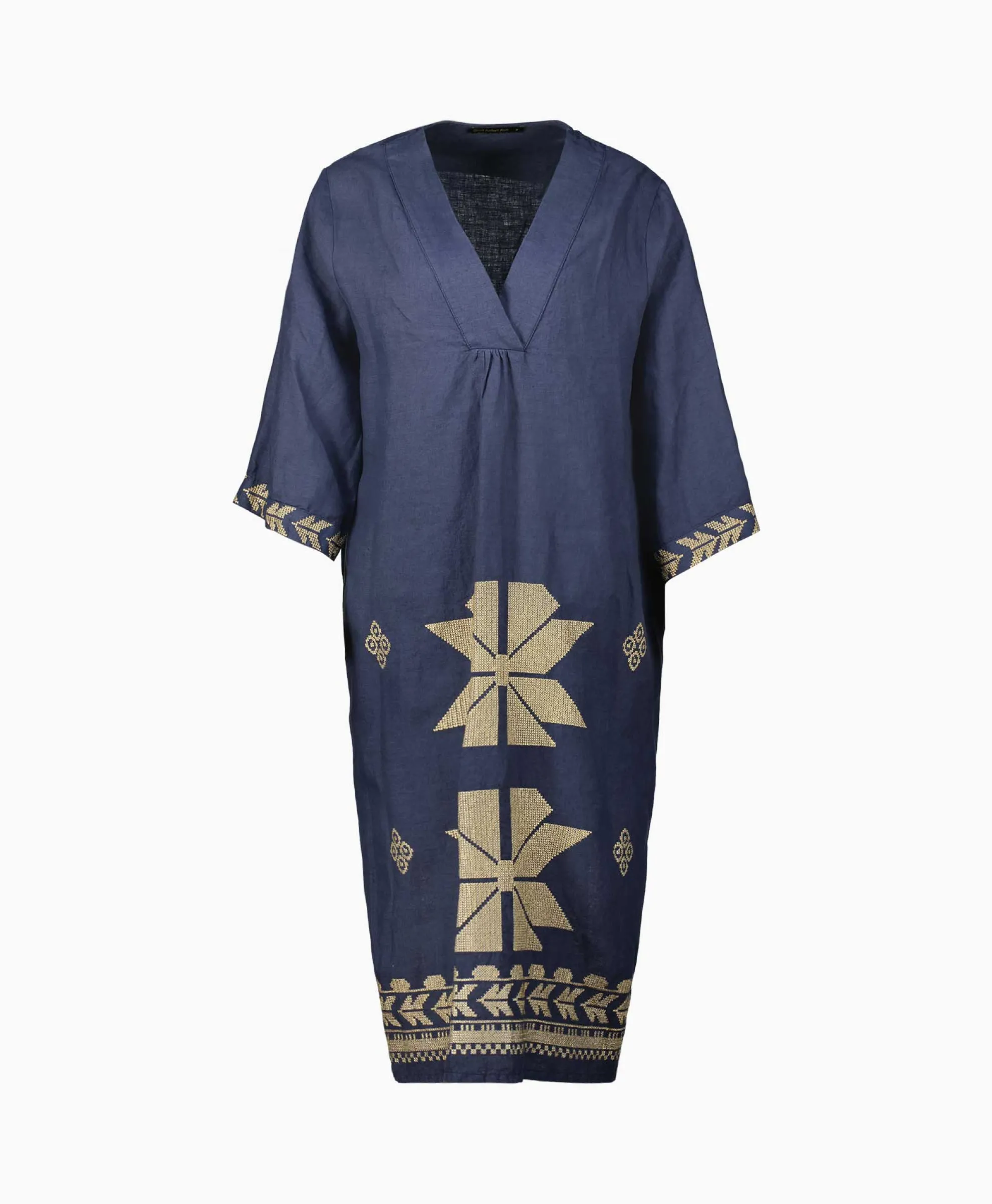 Greek Archaic Kori Midi Jurk Aeolis V-Neck Donker Blauw